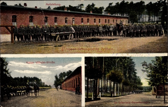 Postcard Zeithain Sachsen, military training area, installation, Kaiser Wilhelm Str., infantry barrack camp