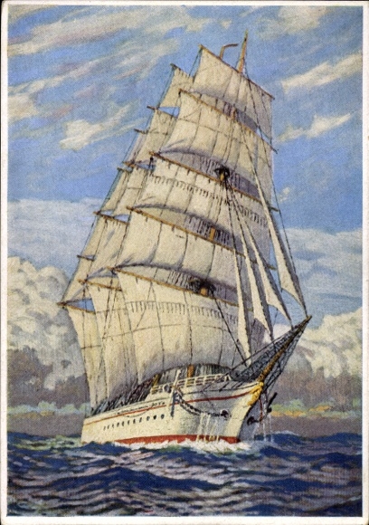 Kunstenaarskaart Bahndorf, Heribert, met harde wind, zeilschip, zeilend opleidingsschip, marine