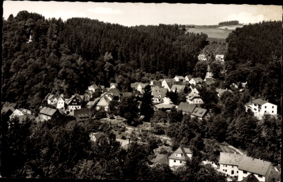 Postcard Wirsberg in the Fichtelgebirge, climatic health resort, Fichtelgebirge, forest landscape, old buildings, village view