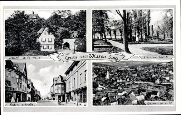 Ak Wissen Sieg, Steinbuschplatz, Schloss Schönstein, Rathauisstraße, Panorama