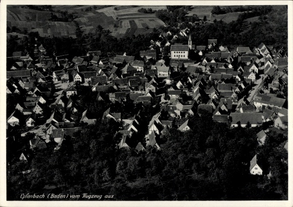 Postcard Epfenbach in Kraichgau Baden, aerial view of Epfenbach, numerous roofs, green fields in the H