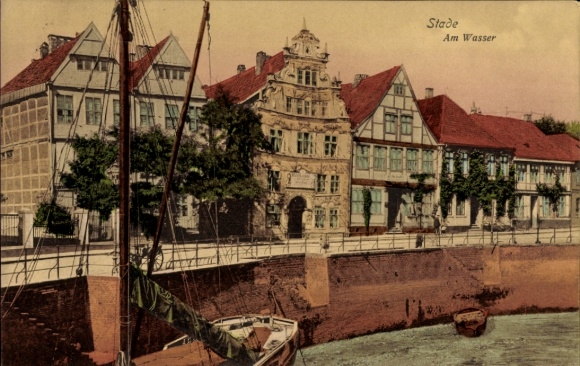 Postcard Stade in Lower Saxony, harbor, boat, houses