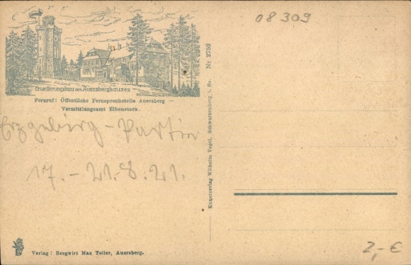Artist Postcard Burkhardtsgrün Zschorlau in the Ore Mountains, residential houses in the village, view to the Auersberg