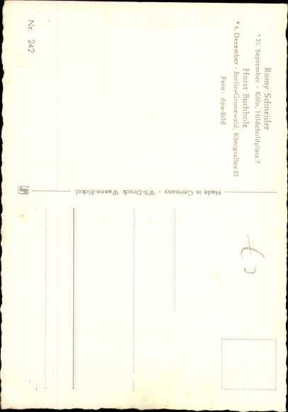 Postcard actress Romy Schneider, actor Horst Buchholz, sledge