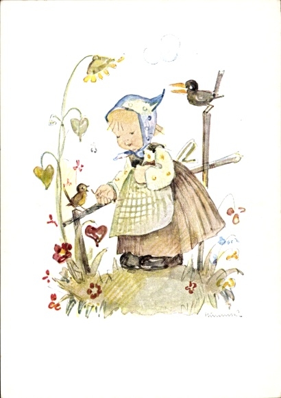 Künstler Ak Hummel, Mädchen füttert Vögel, Sonnenblume, Rabe, Nächstenliebe