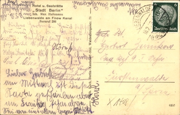 Postcard Liebenwalde in Brandenburg, Hotel and Restaurant City of Berlin, Shop Paul Hafemann