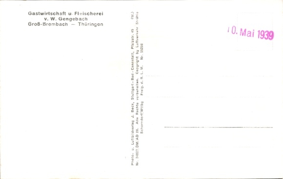 Postcard Großbrembach Buttstädt in Thuringia, aerial photograph, restaurant and butcher shop W. Gengebach