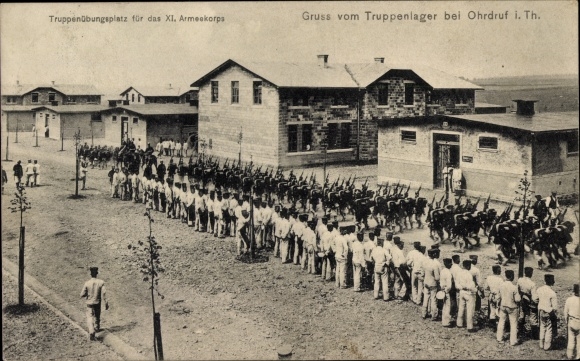 Ak Ohrdruf in Thüringen, Truppenlager, Truppenübungsplatz für das XI. Armeekorps, Marsch