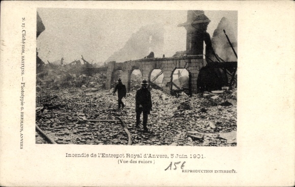 Postkaart Antwerpen Antwerpen Vlaanderen, ruïnes van het Entrepot Royal d' twee personen, datum 5 juni 1901