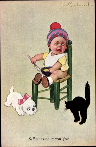 Artist PC Colombo, E., Eating yourself makes you fat, child with porridge, dog and cat approach