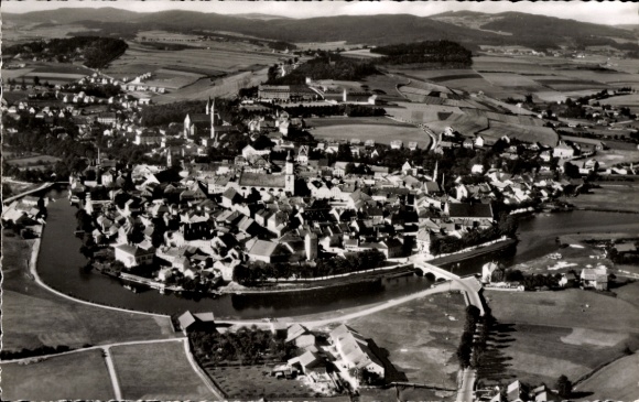 Ak Cham in de Opper-Palts, luchtfoto van Cham, oude stad, rivier, landschap