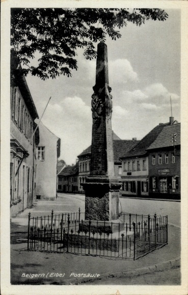 Postcard Belgern in Saxony, post column, hairdresser