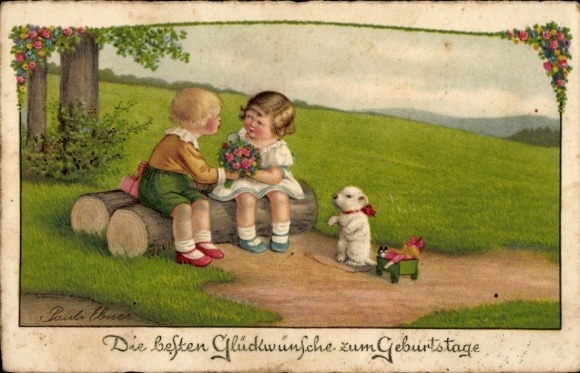 Artist Postcard Ebner, Pauli, Happy Birthday, Children, Flowers