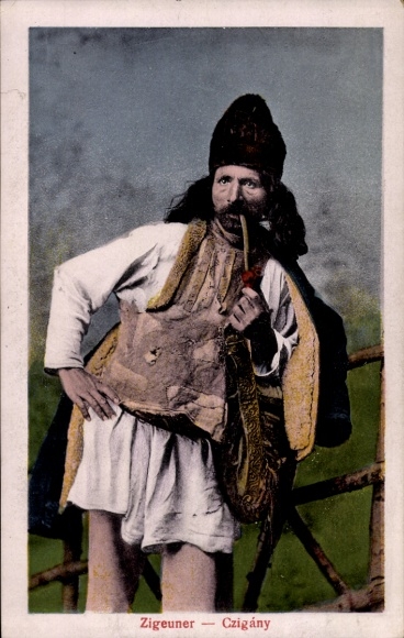 Postcard portrait of a gypsy, tobacco pipe