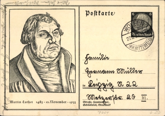 Postal stationery PC Martin Luther, 1483, 10 November 1933