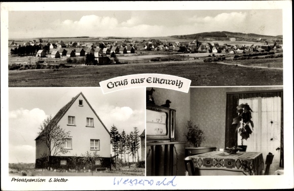 Postcard Elkenroth Westerwald, private pension E. Weller, room, local panorama