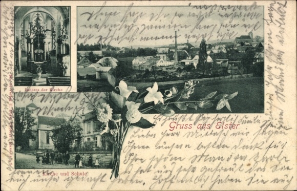 Ansichtkaart Wünschendorf an der Elster, kerk, school, landschap, bloemen, 'Groeten uit Elster'