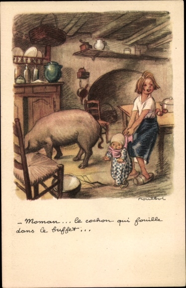 Artist PC Poulbot, Francisque, Ligue Nationale contre le Taudis, kinderen en varken in een keuken