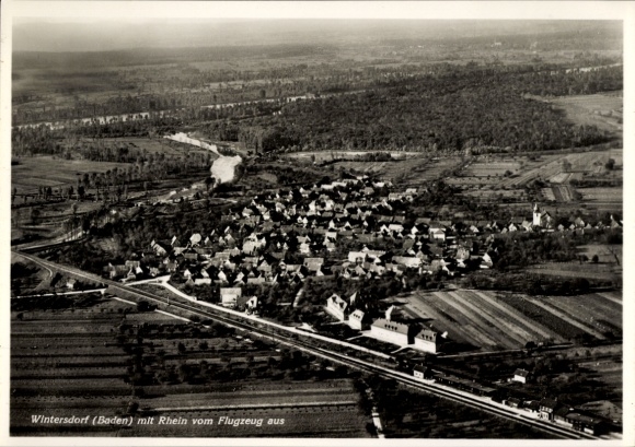 Ak Wintersdorf Rastatt im Schwarzwald Baden, Fliegeraufnahme, Rhein