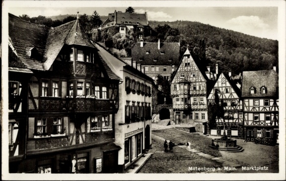 Postcard Miltenberg am Main Lower Franconia, market square, half-timbered houses, quiet scenery, black and white photo
