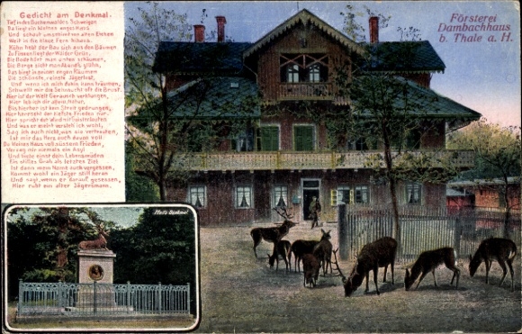 Postcard Thale in the Harz Mountains, Dambachhaus Forestry Office, poem, forest, deer, nature, tranquility