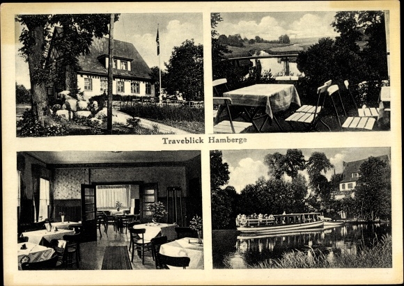 Ak Hamberge in Schleswig Holstein, Gasthaus Traveblick, Inh. C. Richter, Terrasse, Ausflugsboot