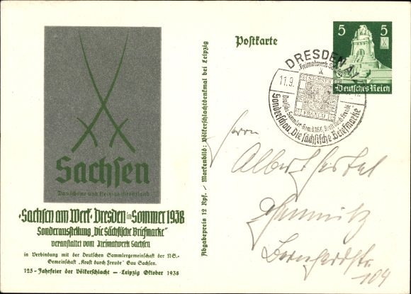KP pocztowa Drezno, Saksonia przy pracy 1938, wystawa specjalna Znaczek saski, PP 9 C