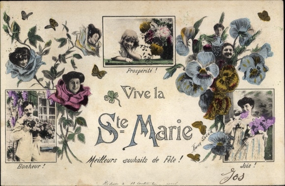 Postcard Vive Sainte Marie, pansies, rose petals, portraits