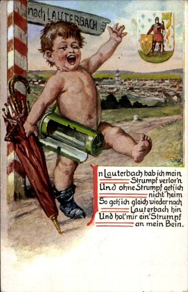 Coat of arms artist Postcard Lauterbach in Hessen, child with lost stocking, signpost
