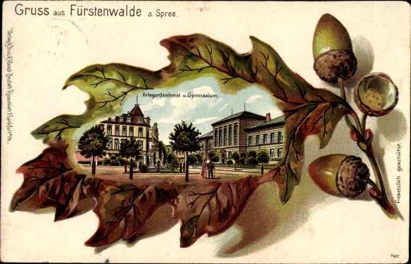 Embossed oak leaf litho Fürstenwalde an der Spree, war memorial and high school