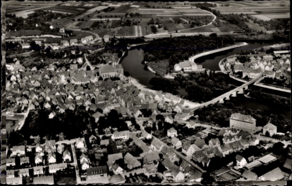 Postcard Lauffen am Neckar, aerial view of Lauffen, river, many roofs, bridge, church