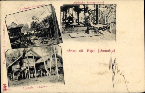 Postcard Atjeh Sumatra Indonesia, sarong weaver, residential houses