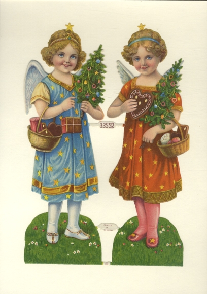 Oblaten blok 2 engelen met kerstbomen en peperkoek, afmeting ca. 24 x 16 cm