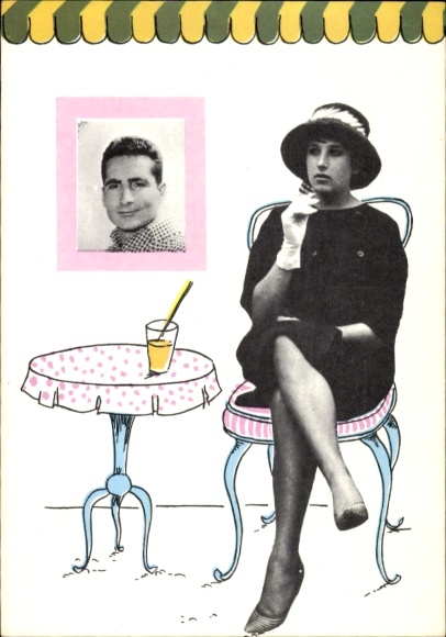 Passepartout Ak Sänger und Schauspieler Freddy Quinn, Dame auf einem Cafestuhl