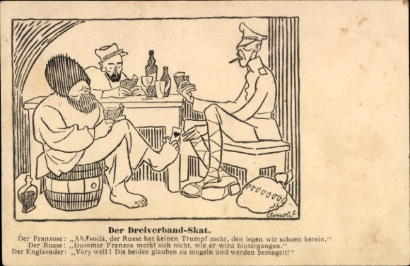 Künstler Ak Arnold, K., Dreierverband-Skat, Franzose, Russe und Engländer spielen Karten