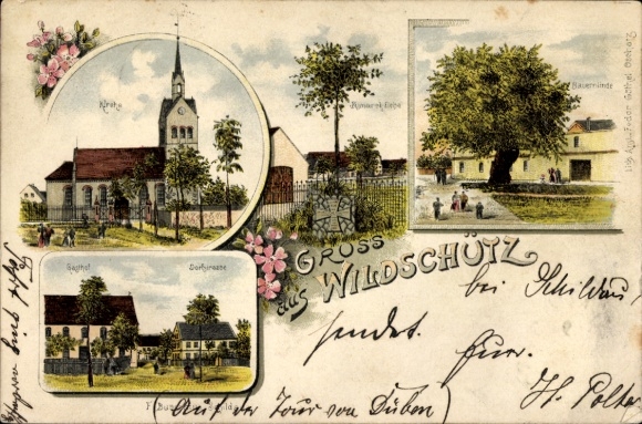 Litho Wildschütz Mockrehna in Sachsen, Kirche, Dorfstraße, Gasthof, Bauernlinde, Bismarckeiche