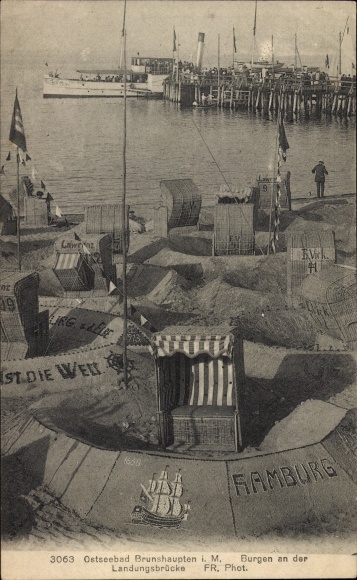 Postcard Ostseebad Brunshaupten Kuehlungsborn, sand castles at the jetty