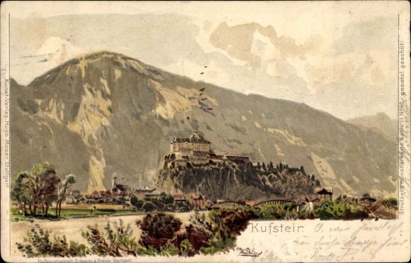 Artist Chromo-Litho Stützel, Otto, Kufstein in Tirol, view of the town with the Alps in the background
