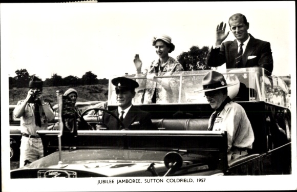 Postcard Jubilee Jamboree, Sutton Coldfield, 1957, Queen Elizabeth II, Prince Philip, automobile