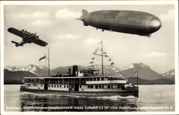 KP Bodensee, dwuślimakowy statek motorowy z silnikiem wysokoprężnym Allgäu, sterowiec LZ 127 Graf Zeppelin, Dornier Do X