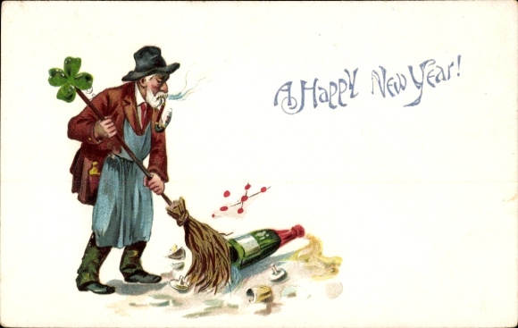 Ak Glückwunsch Neujahr, New Year, Straßenkehrer, Sektflasche und Gläser, Kleeblatt