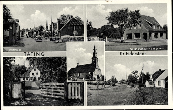 Ak Tating in Noord-Friesland, kerk, pastoraat, Dorfstraße, bedrijfsgebouw Heinrich Witt