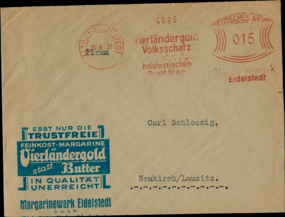 Envelope Vierländergold Volksschatz, Margarinewerk Eidelstedt GmbH