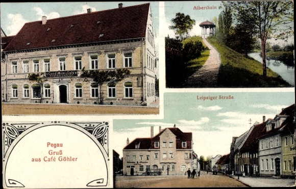Postcard Pegau in Saxony, Café Göhler, Leipziger Straße, Alberthain