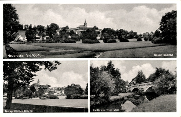 Ansichtkaart Neudrossenfeld Opper-Franken, algemeen beeld, kasteel, brug