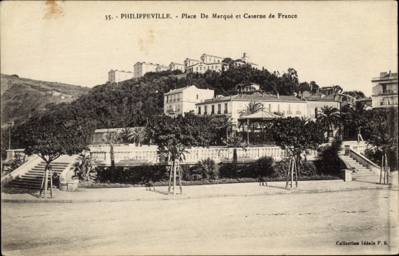 Ak Philippeville Skikda Algerije, Place De Marque et Caserne de France