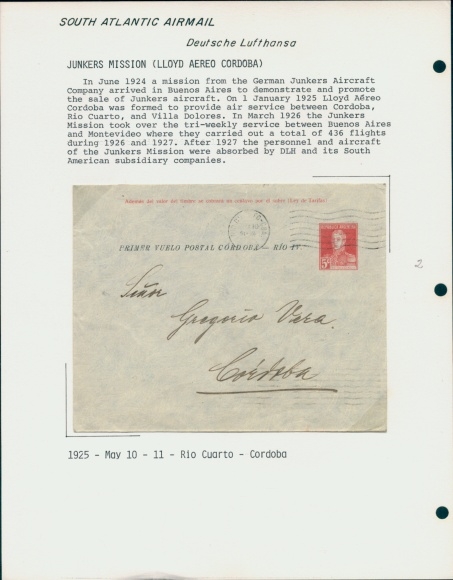 Letter Airmail Deutsche Lufthansa, South Atlantic, Junkers Mission Lloyd Aereo, 1925 Rio Cuarto Cordoba