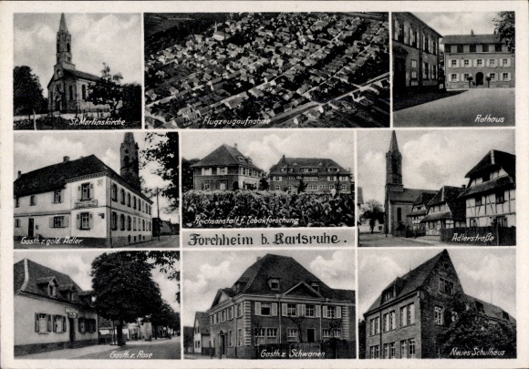 Postcard Forchheim (near Karlsruhe) Rheinstetten in Baden, St. Martin's Church, aerial photography, town hall