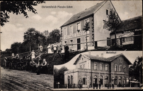 Postcard Birkenfeld Neubrücke on the Nahe, train station, inn Dindorf