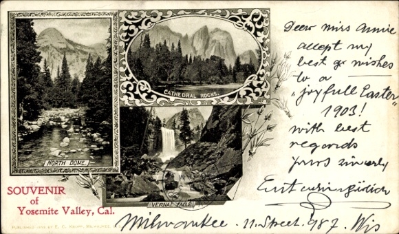 Ak Yosemite National Park Californië VS, NORTH DOME, CATHEDRAL ROCKS, VERNAL FALL, souvenir